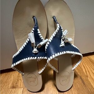 Jack Rogers Navy Leather Tassel Thong Sandals with White Trim